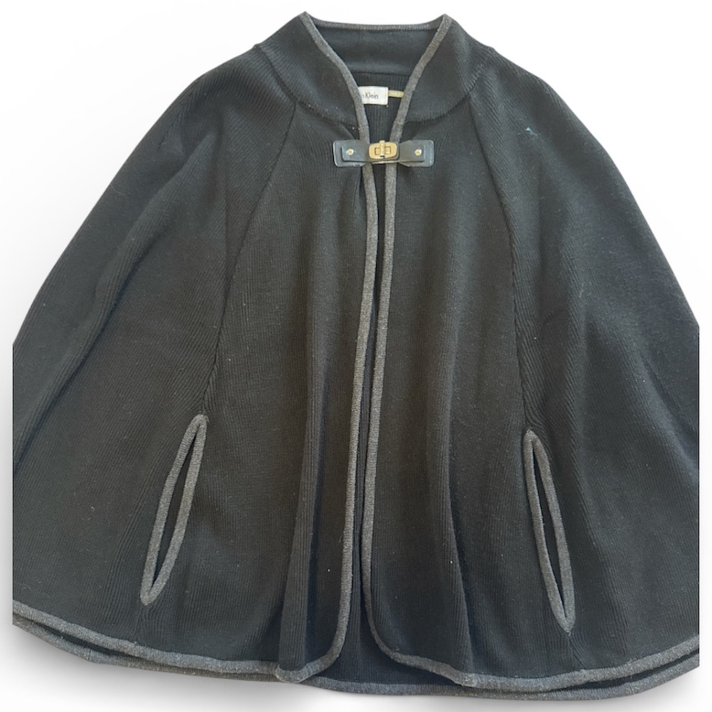 Calvin Klein Knit Cape Coat – Black with Gray Trim, One Size